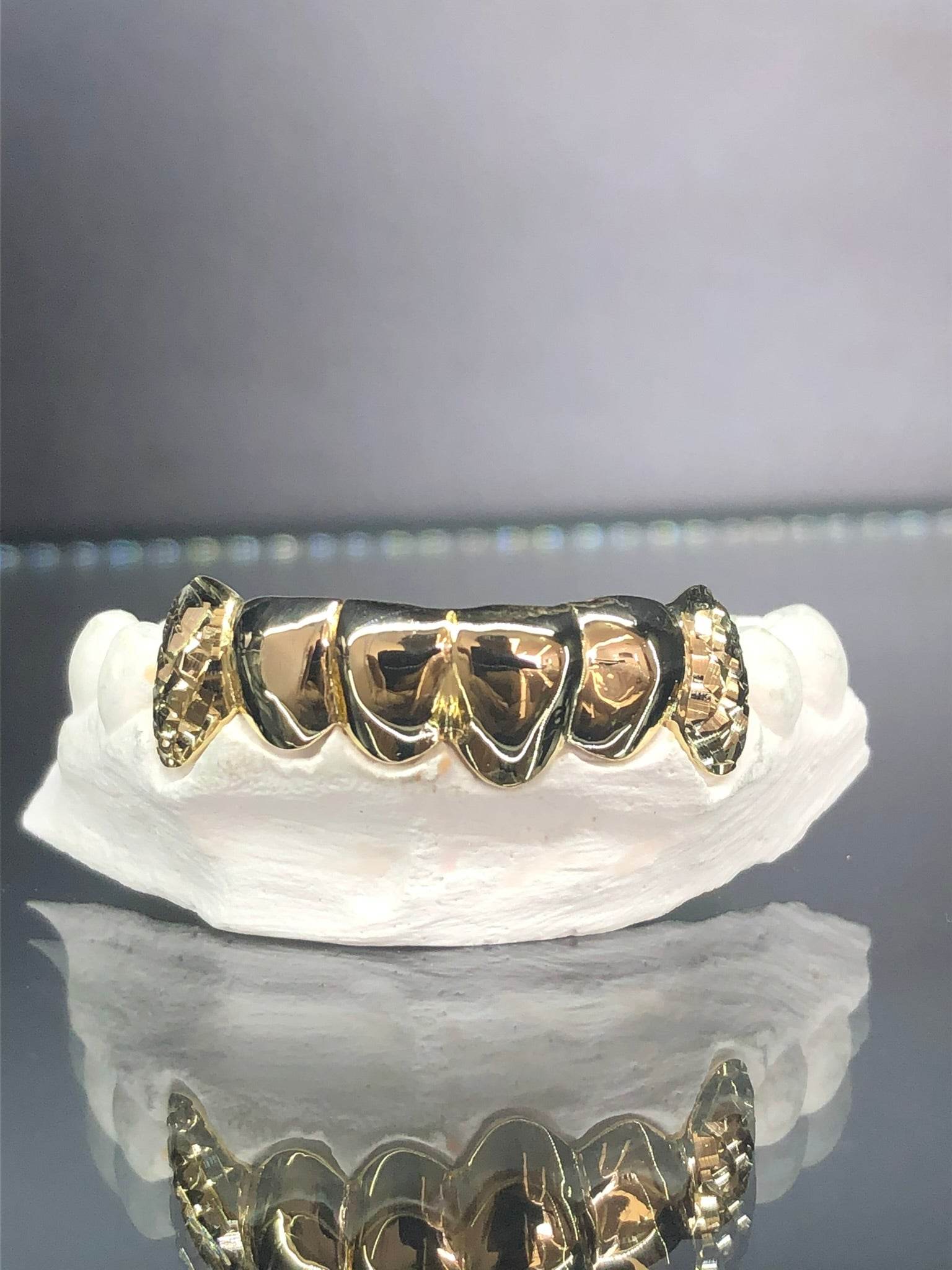 6 Teeth Gold Grillz - 6 Tops or Bottoms (Starburst w/ Diamond Cut Fangs) - Norma's Jewelry