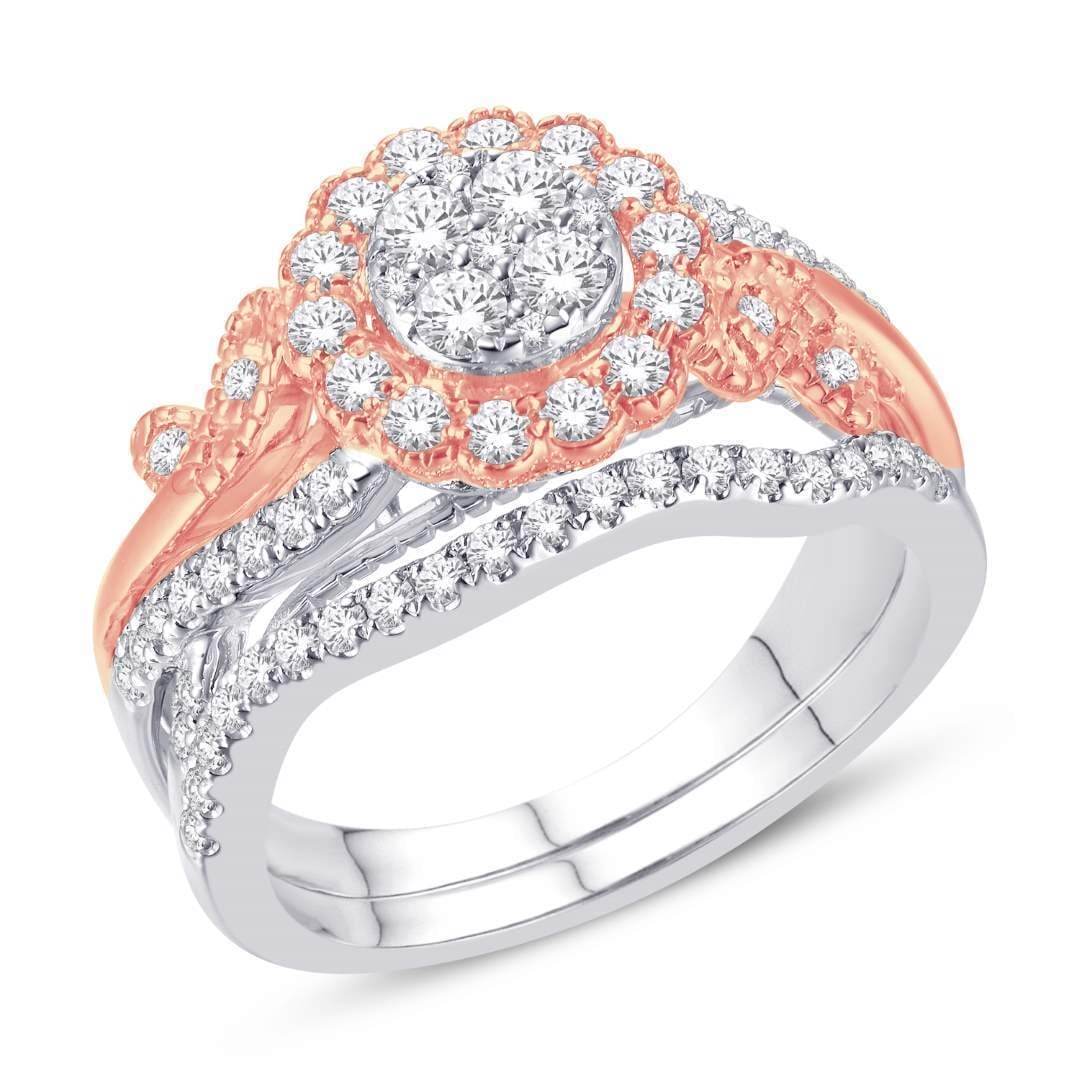 14 Karat Two-Tone (White and Rose) Gold 0.75 Carat Diamonds Flower Bridal Ring-0526167-WR - Norma's Jewelry