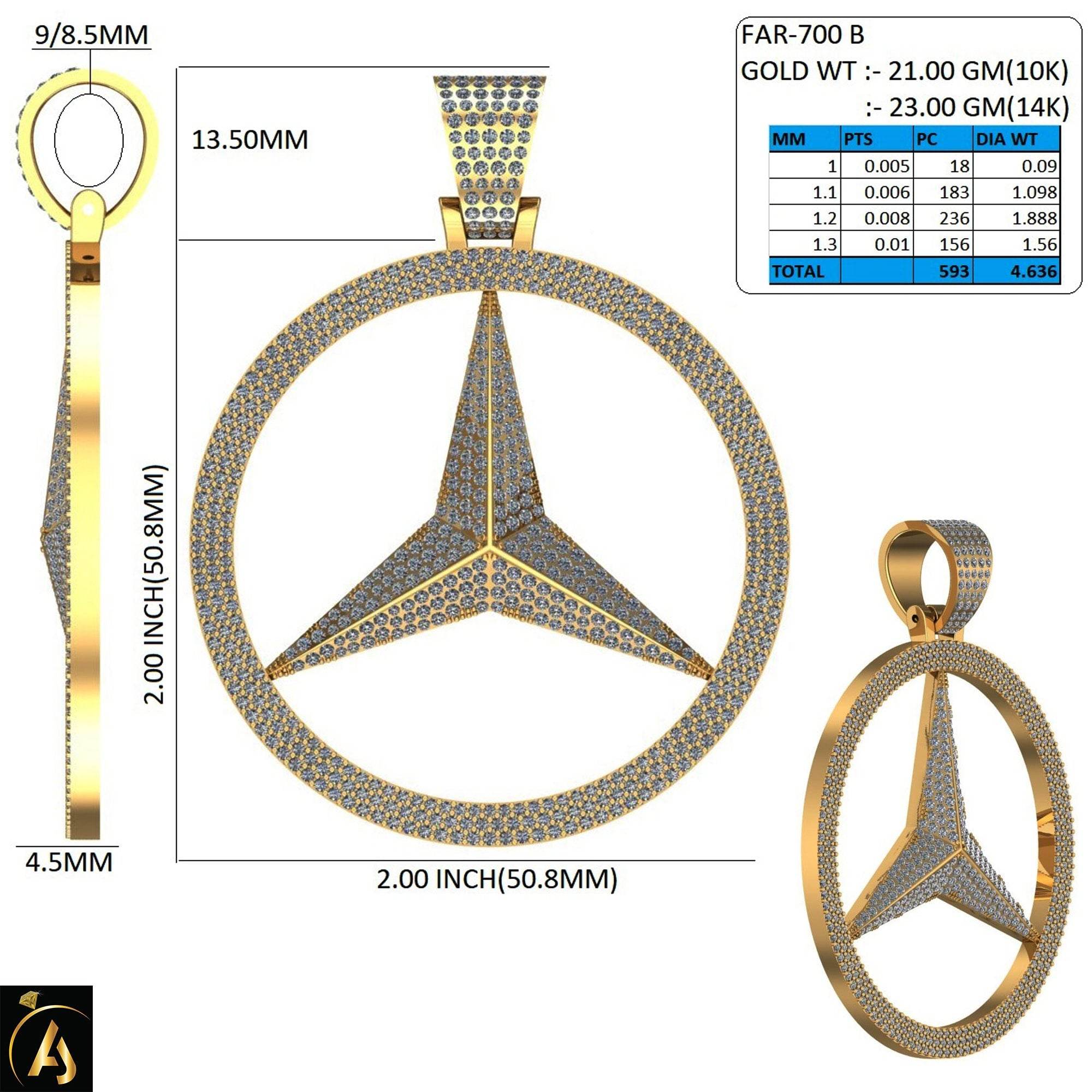 10 Karat Yellow Gold 4.64 Carat Diamonds Mercedes Benz HipHop Pendant-1050046-YG - Norma's Jewelry