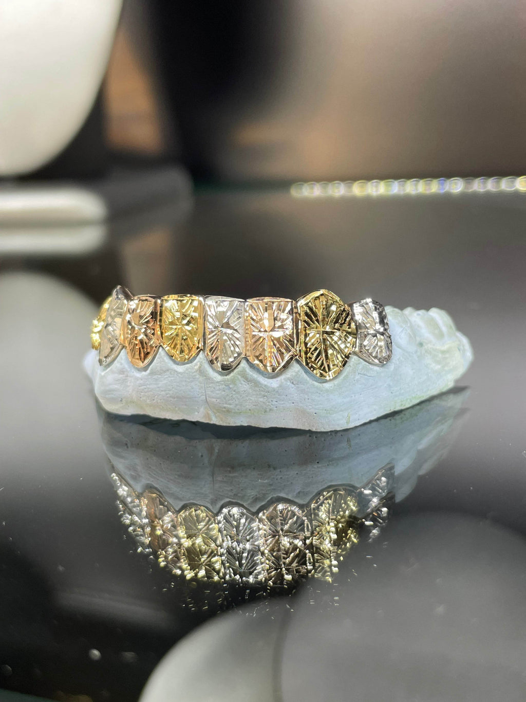 8 Teeth Gold Grillz - 8 Tops or Bottoms (Tri-Color Starburst) - Norma's Jewelry