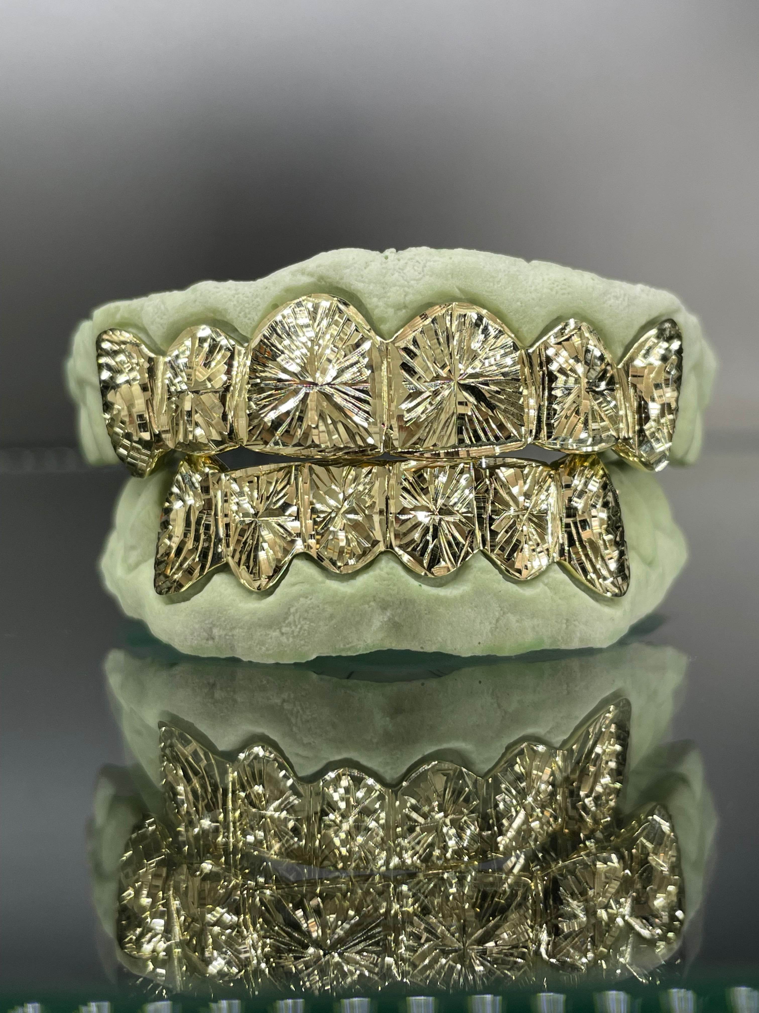 12 Teeth Gold Grillz - 6 Tops/Bottoms (Starburst w/ Rose Cut Fangs) - Norma's Jewelry