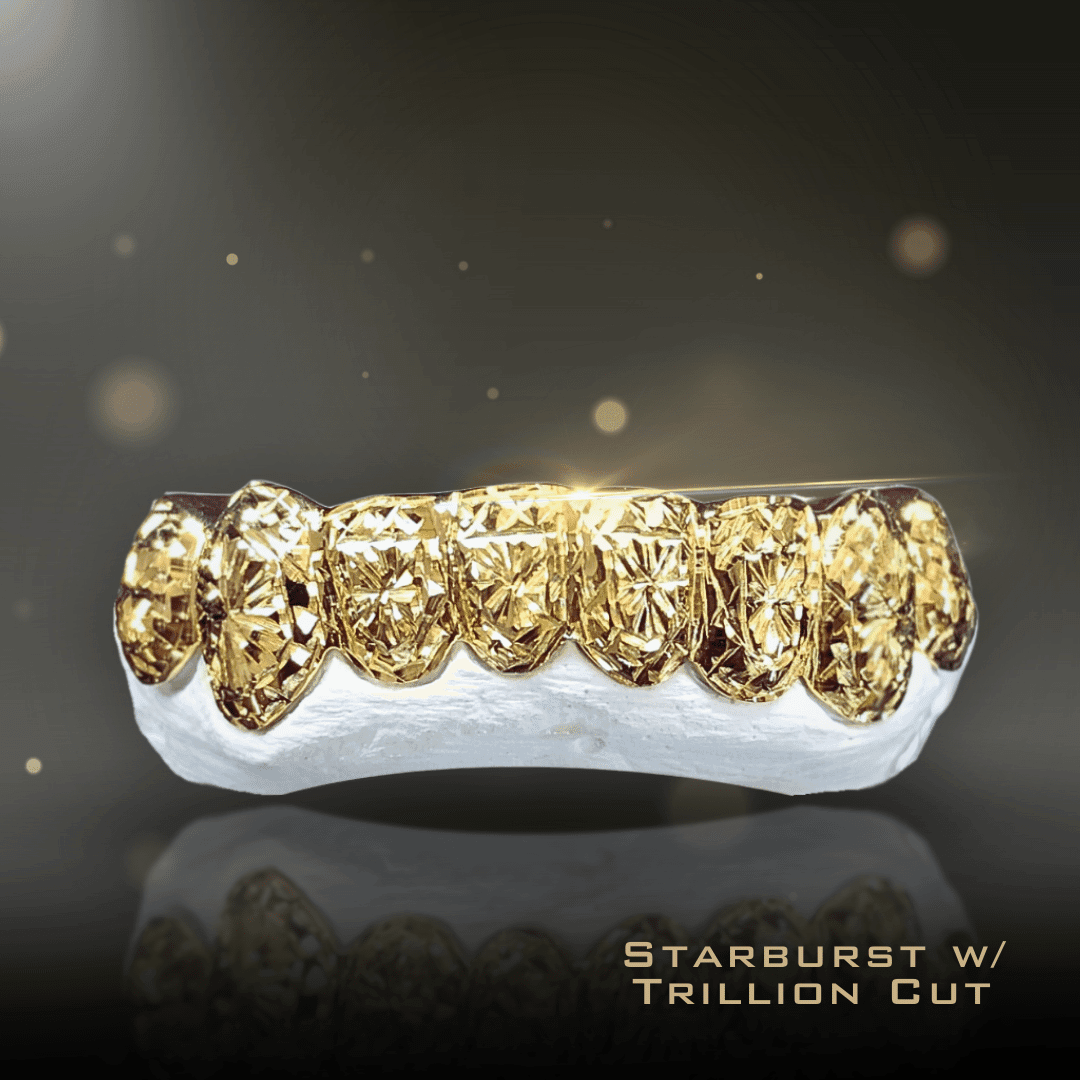 8 Teeth Gold Grillz - 8 Tops or Bottoms (Starburst w/Trillion Cut) - Norma's Jewelry