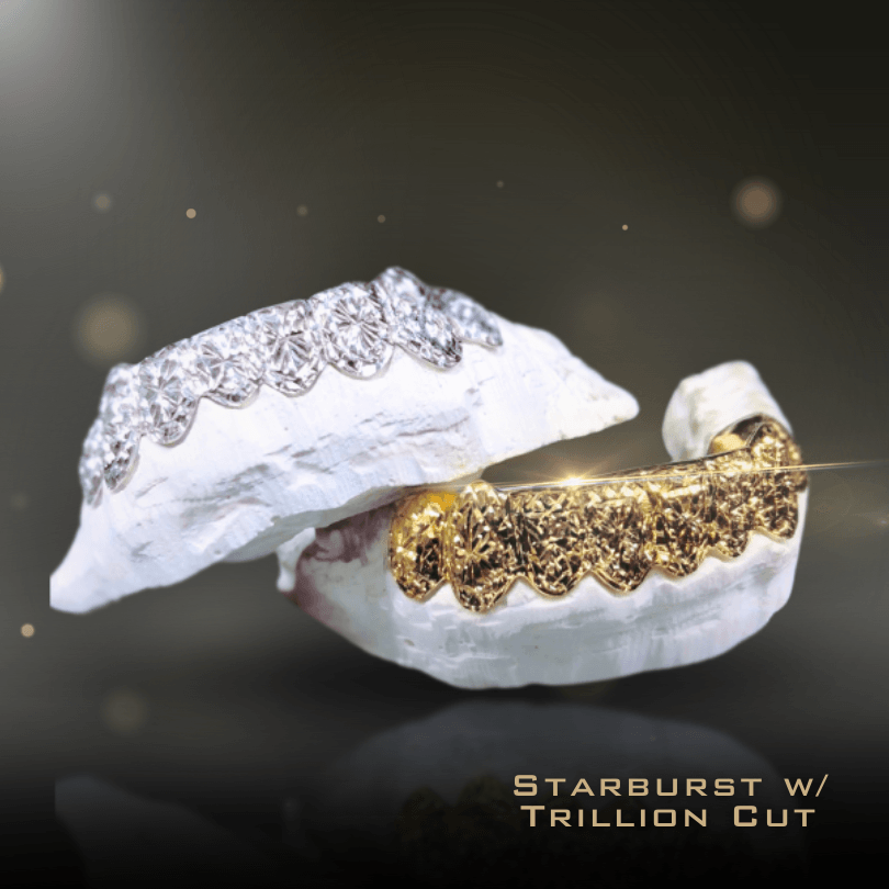 8 Teeth Gold Grillz - 8 Tops or Bottoms (Starburst w/Trillion Cut) - Norma's Jewelry