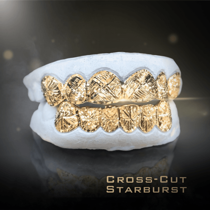 12 Teeth Gold Grillz - 6 Tops/Bottoms (Cross Cuts w/ Starburst) - Norma's Jewelry