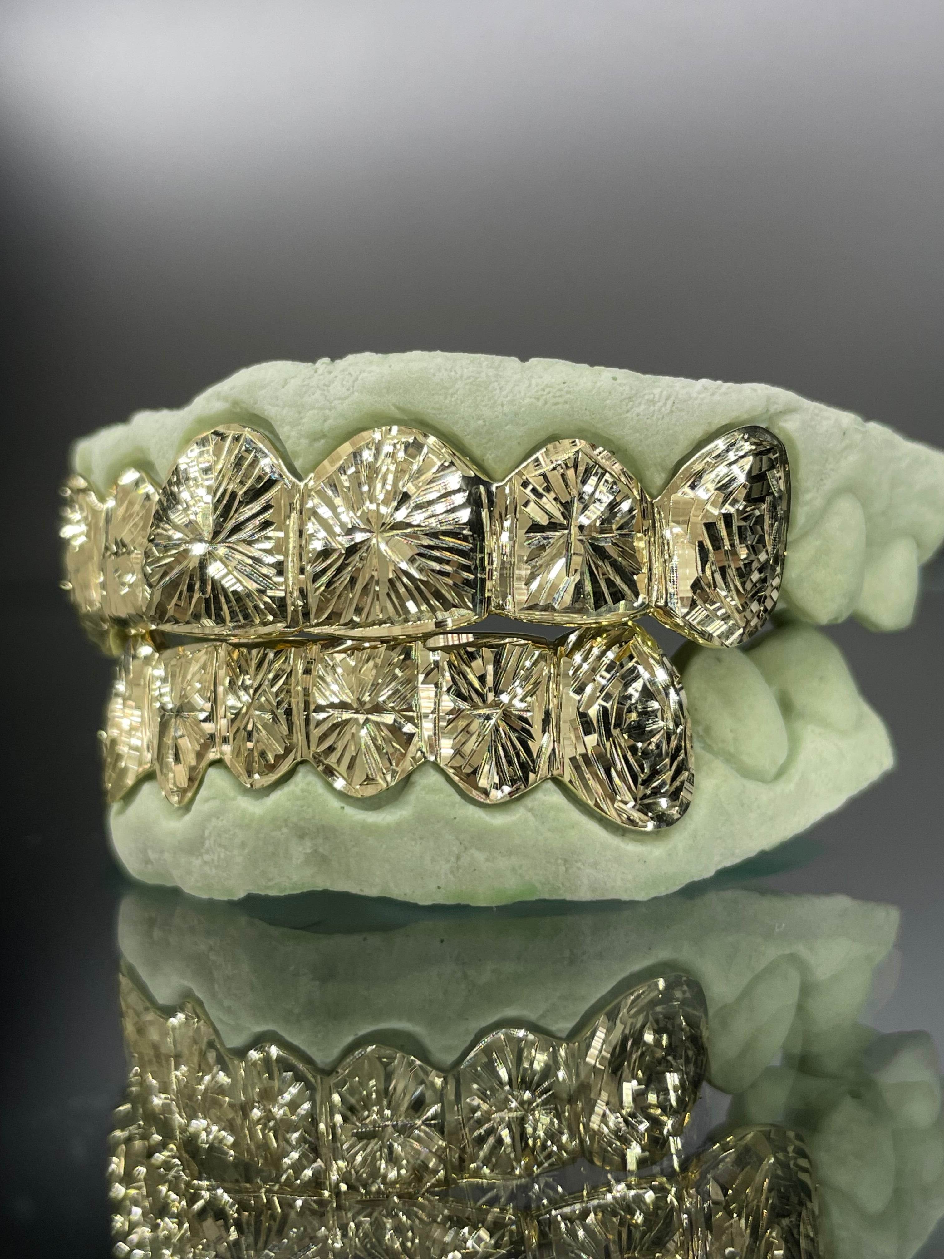 12 Teeth Gold Grillz - 6 Tops/Bottoms (Starburst w/ Rose Cut Fangs) - Norma's Jewelry