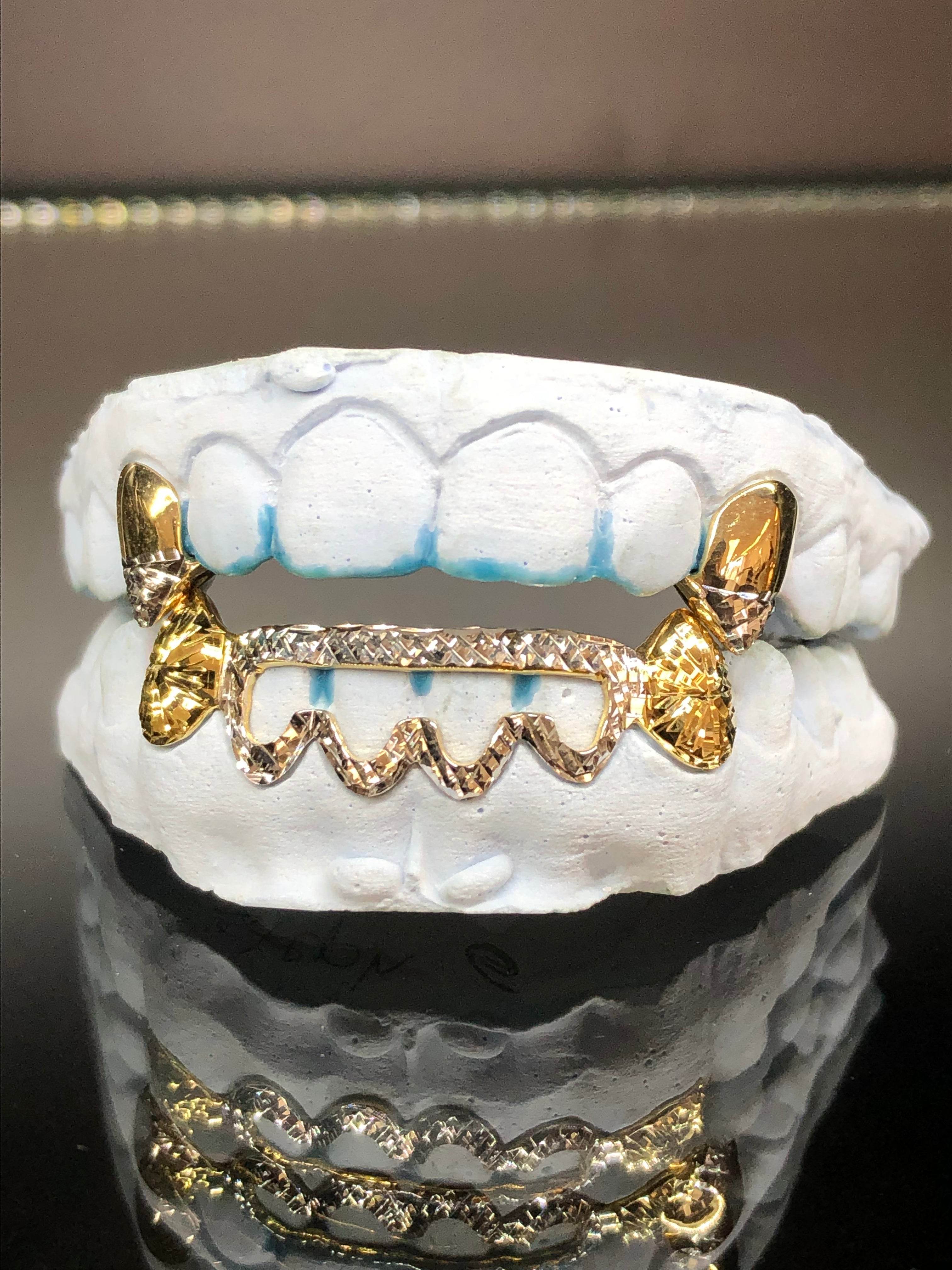 8 Teeth Gold Grillz - 2 Tops & 6 Bottoms (Starburst w/ Back Bridge) - Norma's Jewelry