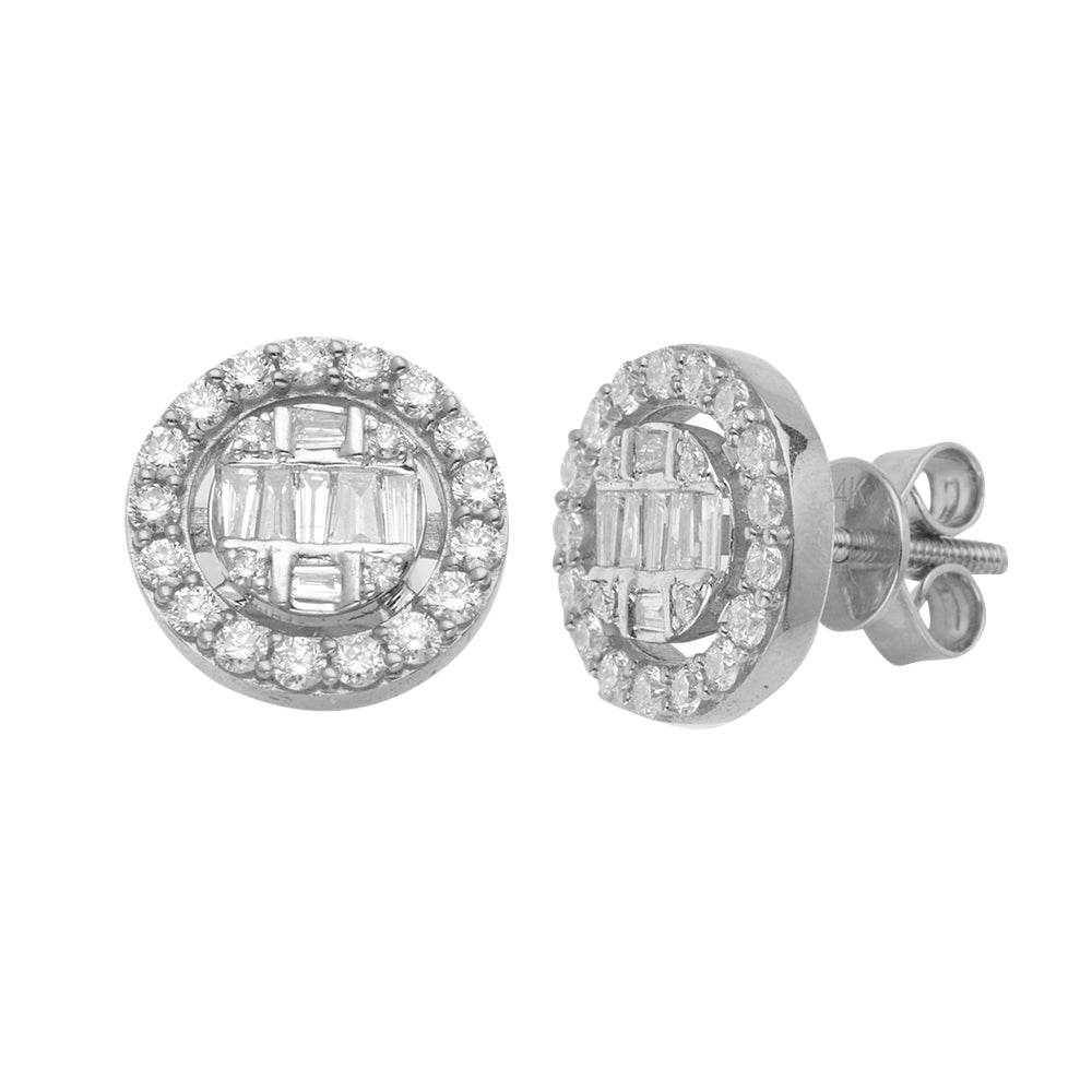 14KW 1.05CTW BAGUETTE DIAMOND ROUND CLUSTER STUD - Norma's Jewelry