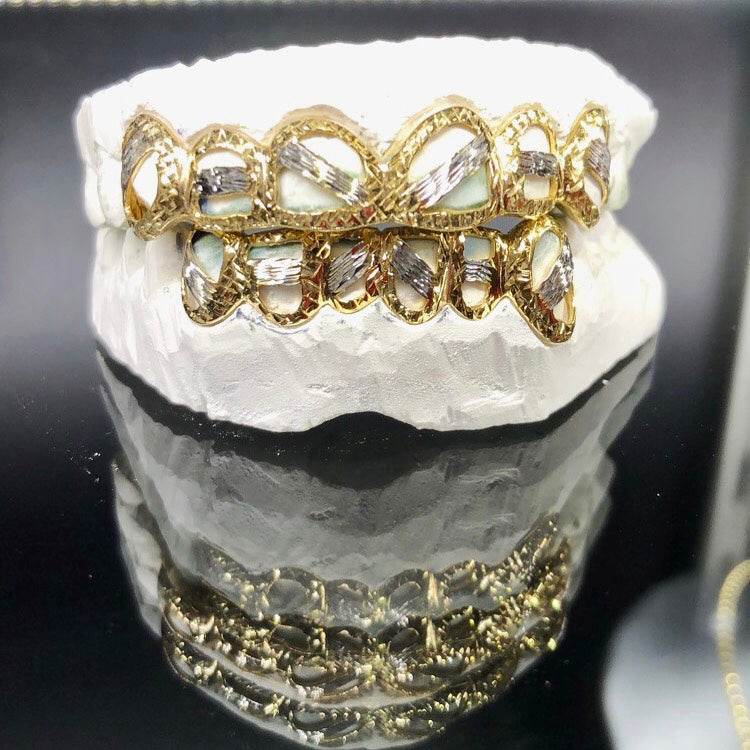 12 Teeth Gold Grillz - 6 Tops/Bottoms (Open Face Diamond Cuts) - Norma's Jewelry