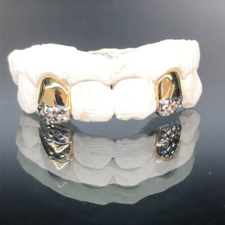 2 Teeth Gold Grillz (White Gold Diamond Cut w/ Back Bridge) - Norma's Jewelry