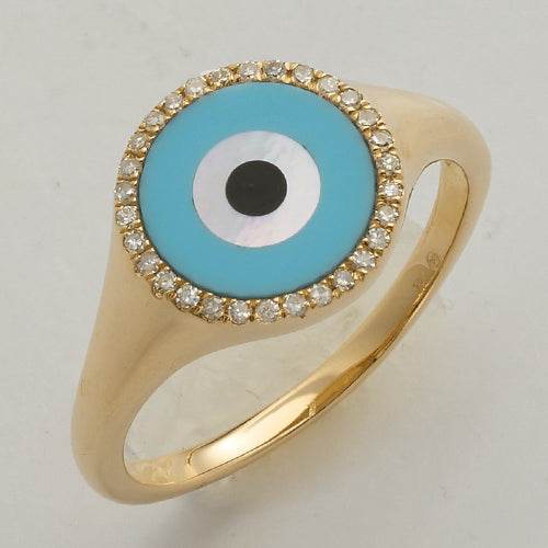 14KY 0.10CTW DIAMOND ROUND FACE RING WITH BLUE AND - Norma's Jewelry